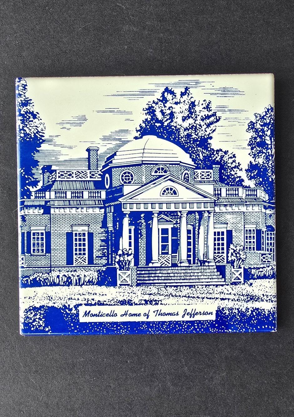 Monticello Home Of Thomas Jefferson VA Souvenir Tile Trivet Blue White Decor